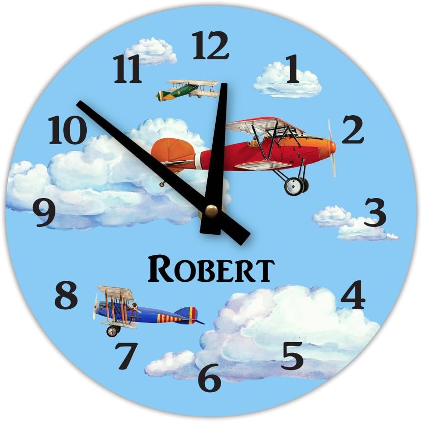 Instant Murals Personalized Clock, Vintage Airplane & Clouds