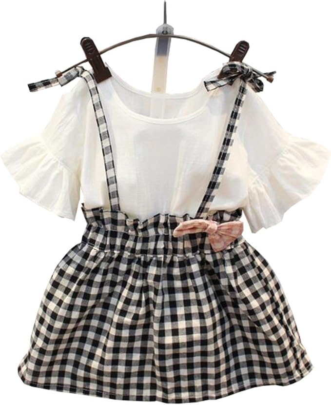 Amazon Duwei ドゥウェイ 子供服 女の子 森ガール 上下セット 2点 セット 可愛い かわいい デザイン袖 フリルスリーブ ボリュームフリル ブラウス ギンガム チェック スカート サロペットスカート アンサンブル 通販