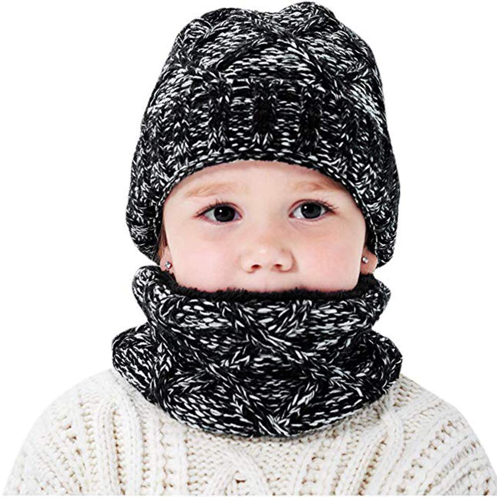 IBLUELOVER Kids Fleece Lined Beanie Hat and Circle Scarf Set Warm Knitted Cable Cap Winter Snow Skull Hat and Loop Neck Warmer for Boys Girls 1-6 Years Black