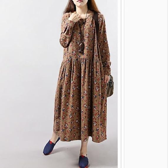 Amazon 緑色のバラ ワンピース 綿 レディース カントリー調 ゆったり ロング丈 花柄 レトロ スカート きれいめ 可愛い 長袖 秋 冬 チュニック 森ガール 体型カバー おしゃれ 選べる 全3カラー ワンピース チュニック 通販