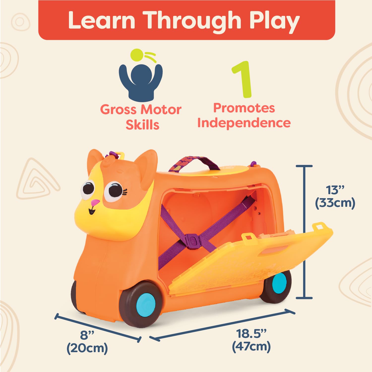 B. toys – On The Go – Lolo Ride-On Suitcase for Kids – Rolling Luggage with Storage Space - Travel & Play – Fun Animal Design for Toddlers 2+ Years