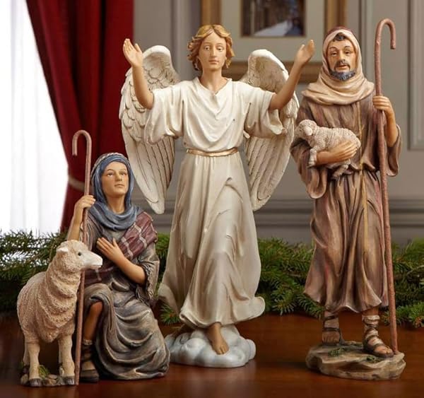 THREE KINGS GIFTS MAGI, WISE MEN, CHRISTMAS STAR, ANGEL, SHEPHERDS, SHEEP, HOLY FAMILY, JESUS IN MANGER, REAL GOLD IN TRUNK, NATIVITY SCENE SET & FIGURES, 11-PIECES, FOR 10 INCH SCALE COLLECTION