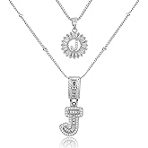 MEIITRUE Initial Letter Necklace for Women 14k White Gold Silver Plated Dainty Necklaces Trendy Chunky Custom Layered Necklace Set Personalized Round Circle Zirconia A-Z Letter Chain Pendant Jewelry Gift