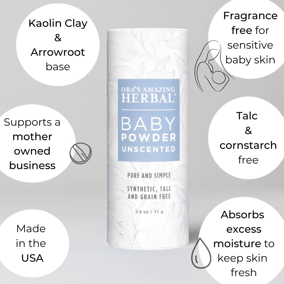 Unscented Talc-Free Baby Powder, No Cornstarch, Talc, Synthetic Fragrance Free, Made with Arrowroot, Clay and Plantain Leaf, Ora’s Amazing Herbal