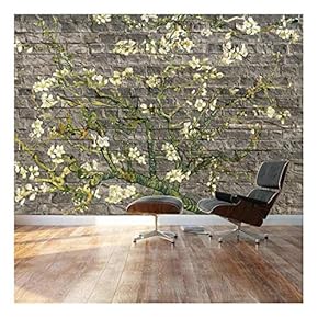 "Almond Blossom by Vincent Van Gogh - Floral Painting on a Gray Brick Textured Background - Wall Mural, Removable Sticker, Home Decor - 66x96 inches