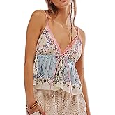 Women Y2K Floral Babydoll Cami Top Spaghetti Strap Ruffle Peplum Tank Top Lace Trim Low Cut Cropped Camisole