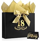 JMANNI Black Gold 18th Birthday Gift Bag with Card and Tissue Paper, 12.6"×9.84"×3.9" Elegant Present Bag for Adults, 18 Year Old Birthday Keepsake Party Supplies