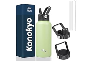 Konokyo Insulated Water Bottle with Straw,32oz 3 Lids Metal Bottles Stainless Steel Water Flask,Macaron Green