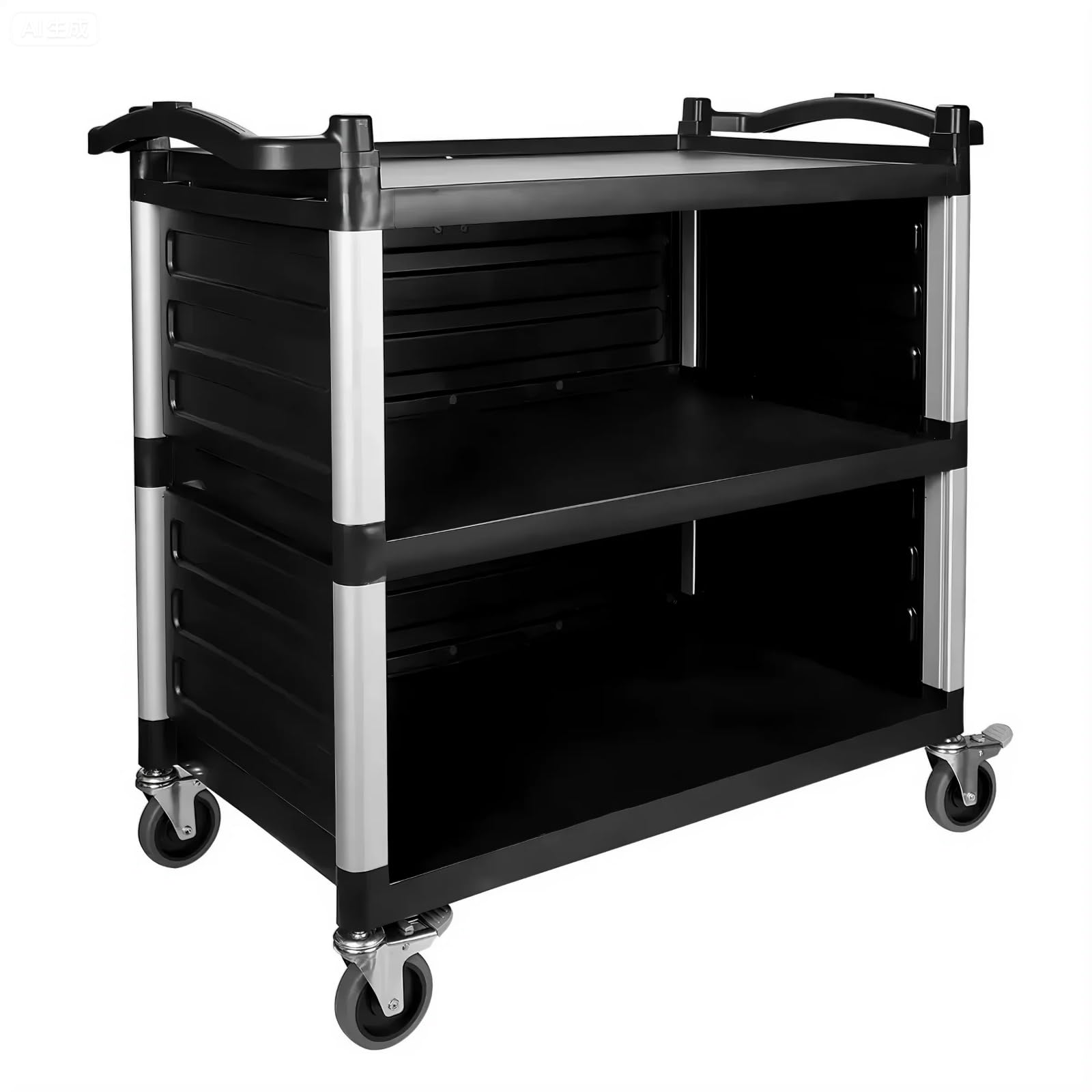 Photo 1 of ***DAMAGED AND VERY USED*** NorthSky Select Dual-Handle Utility Service Cart, 3 Shelves, 440 lb. Capacity -Black Plastic Shelves, Lockable Swivel Casters - Suitable for Hospital, Lab, Hotel, Office Transport & Organizing