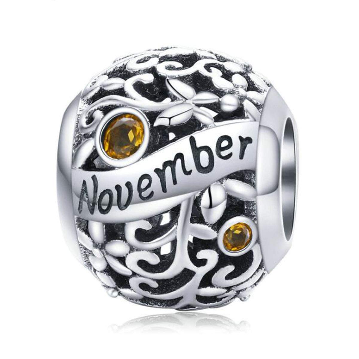 Women September October Birthstone Charm Beads 925 Sterling Silver Charms Happy Birthday 12 Birthstone Charms fit for Pandora Bracelets (November Birthstone Charm)