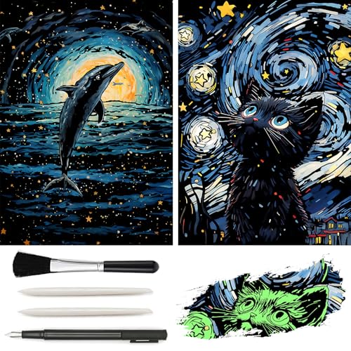 Glow in The Dark Scratch Art Rainbow Painting Paper, 2 Pack Van Gogh Style Engraving Art Creative Craft Tools Set, Fun Magic DIY Sketch Card Scratchboard for Teen & Adults (Dolphin + Cat)