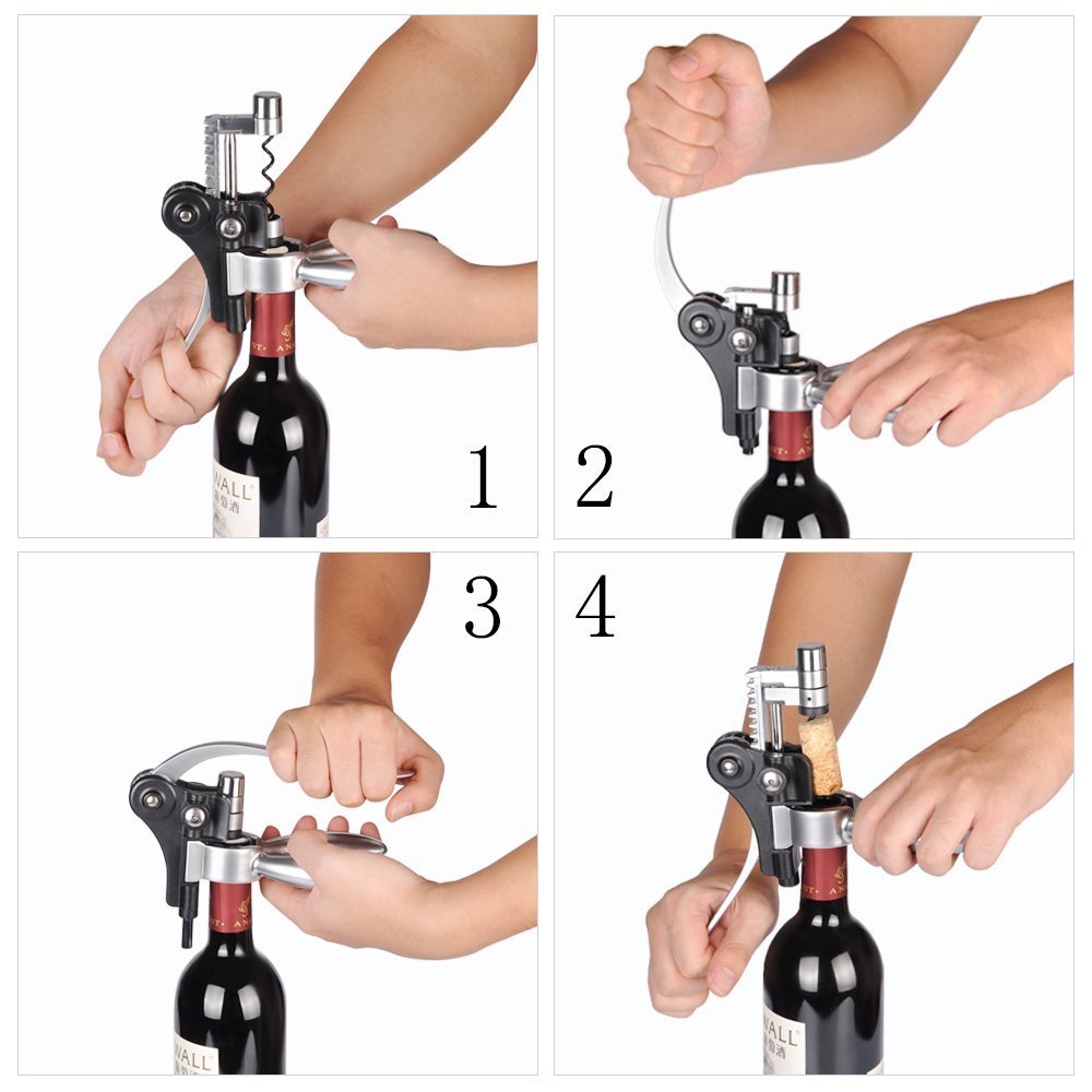 Rabbit Wine Bottle Opener Set with Bamboo Stand, 5 Piece Lever Corkscrew Remover, 2 Wine Stoppers, Foil Cutter, Extra Teflon Spiral, Best Gift for Wine Lover by Vina