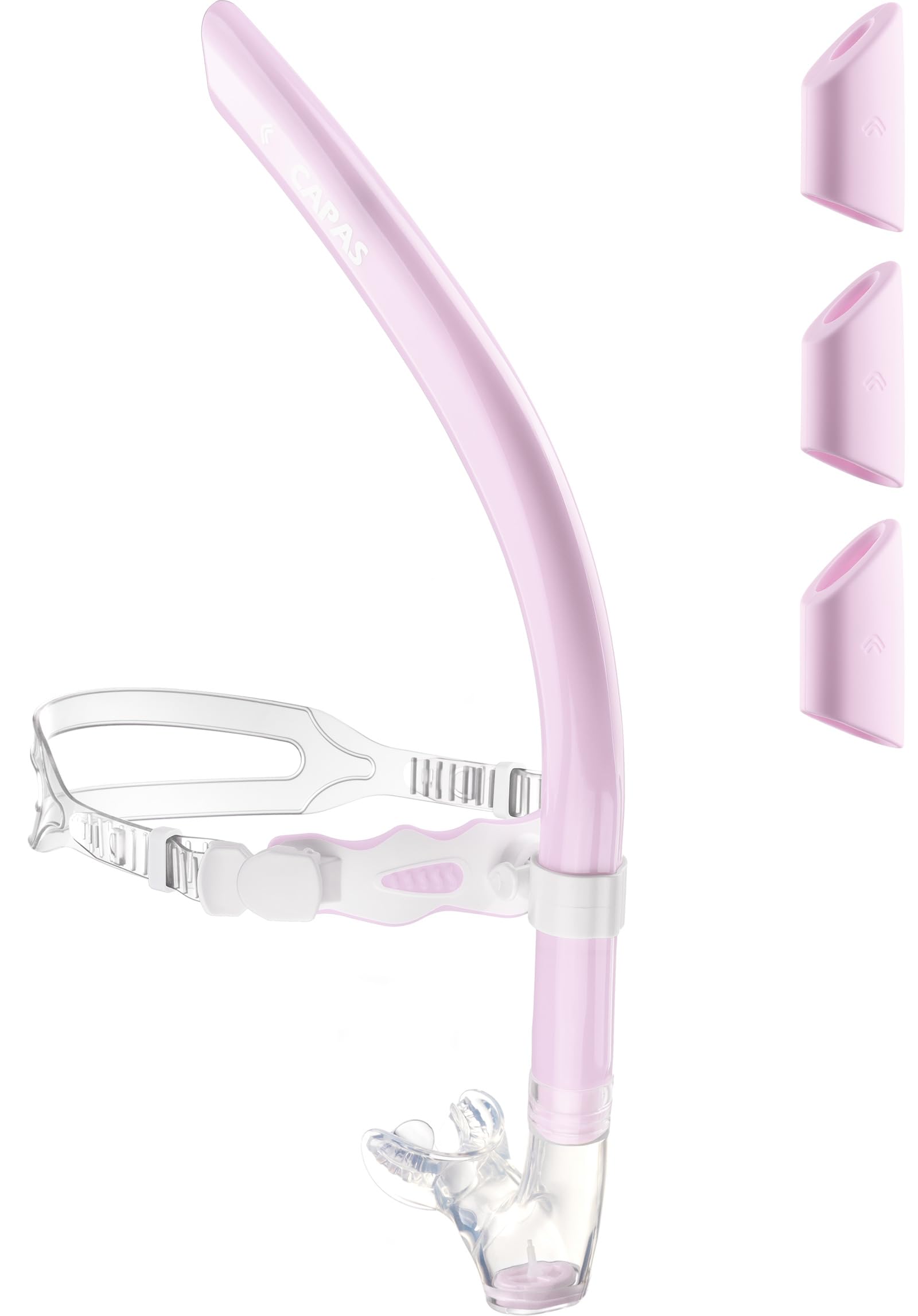 CAPAS Training Swim Snorkel for Lap Swimming, Ultimate Fit Center-Mount Swimmers Snorkel with Liquid Silicone Mouthpiece Adjustable Strap Swivel Headband, Designed for Adult Men Women (Pink White) — image 1