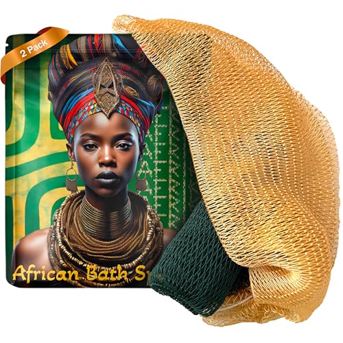 AFRIKI African Net Sponge – Exfoliating Body Scrubber, Black Owned & Rooted in Africa, All Skin Types | 45 in Long (Dark Green & Champagne Gold)