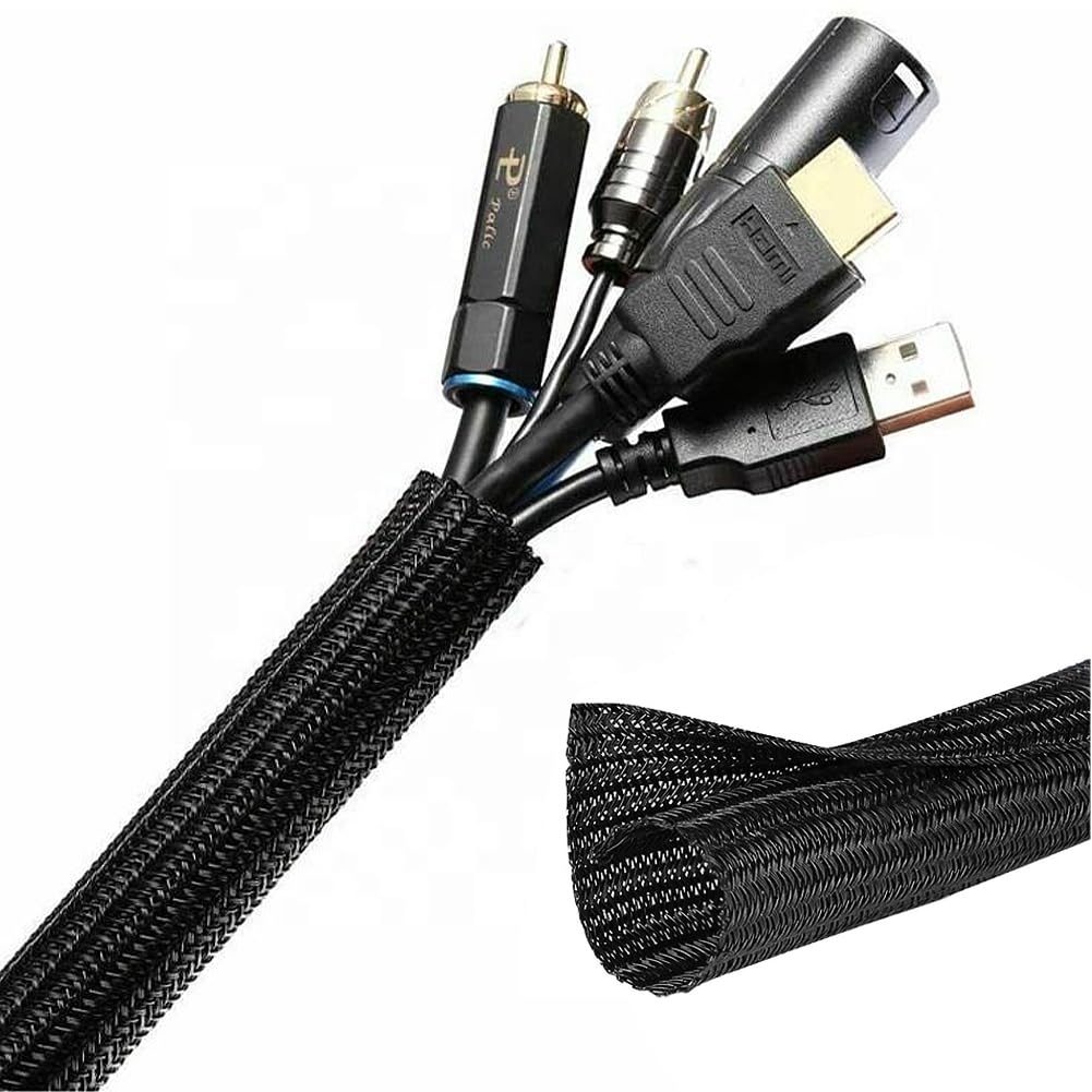 1/2"-10Ft Black Cable Tidy Sleeve, USB Cable Management, Cable Sleeve for Computer Wire Tidy, Cord Protectors from Pets Chewing, Self-Wrapping Wire Loom Tubing, Flame Retardant