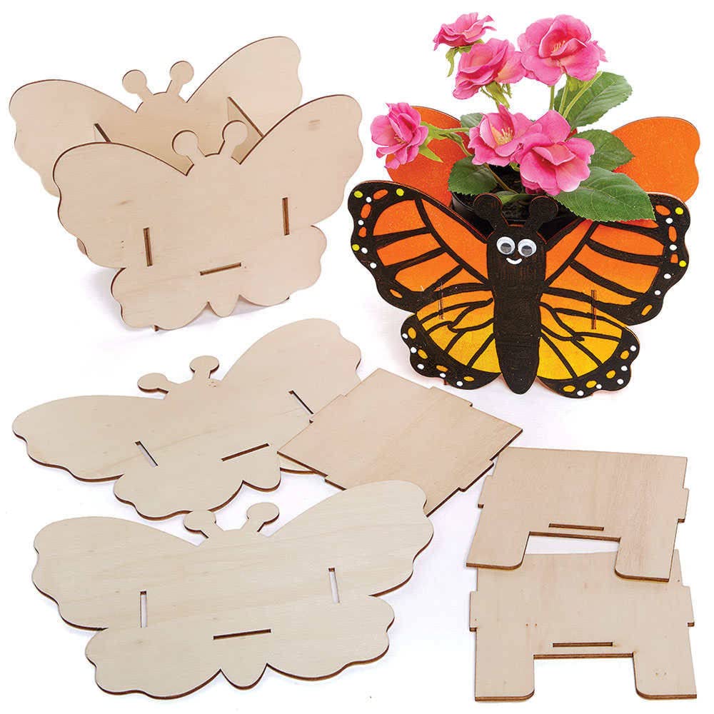 Baker Ross FC824 Butterfly Wooden Flowerpot Kits - Pack of 3, Craft Kits for Kids, Plant Pot Painting, Wood Crafts — image 1