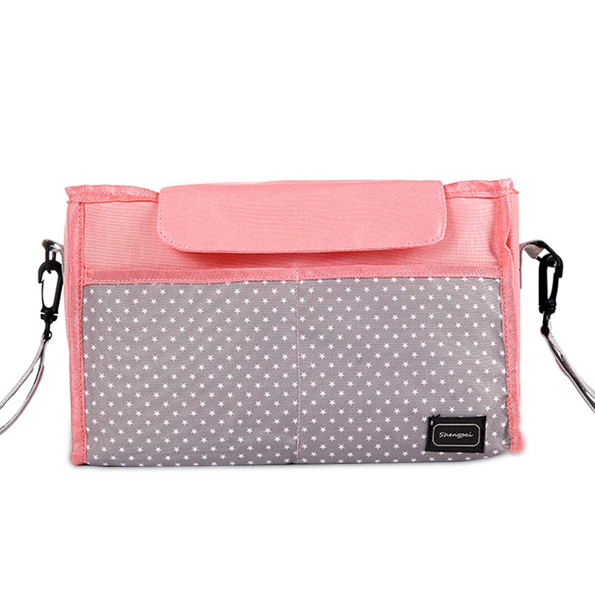 SONARIN Pram Buggy Bag Organiser & Stroller Organiser,Large Stroller Storage with Cup Holder,2 x Pram Hooks,Universal Fit All Buggy Models(Pink)