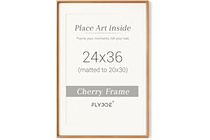FLYJOE 24 x 36 Poster Frame, USA-Sourced Natural Cherry Wood Picture Frame with Tempered Glass, Handcrafted Rounded Corner 24x36 Wooden Frame Matted to 20x30 Photos, Horizontal or Vertical Wall Mounting