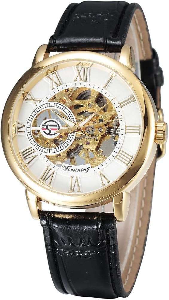 forsining 3d logo design hollow engraving black gold case leather skeleton mechanical watches men luxury brand heren horloge