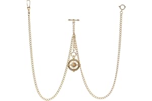 TREEWETO Men's Double Albert Chain Pocket Watch Curb Link Key Chain 3 Hooks with Antique Compass Pendant Design Charm Fob T Bar