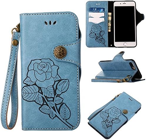 Taktik For iPhone 7 Plus/iPhone 8 Plus-Luxury Retro Rose Premium PU Leather Magnetic Closure Flip Wallet Protective Case with Lanyard (Color : Blue)