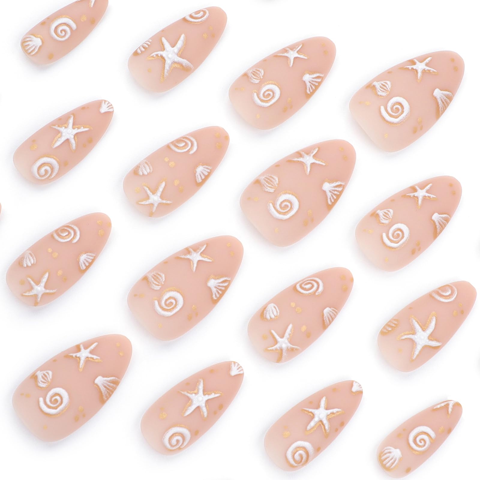 IMRAIN Almond Press on Nails Medium Fake Nails with 3D Sea Star & Shell Designs Full Cover Glue on Nails Matte Nude Artificial False Nails for Women and Girls 24Pcs Cute Stick on Nails - Image 4