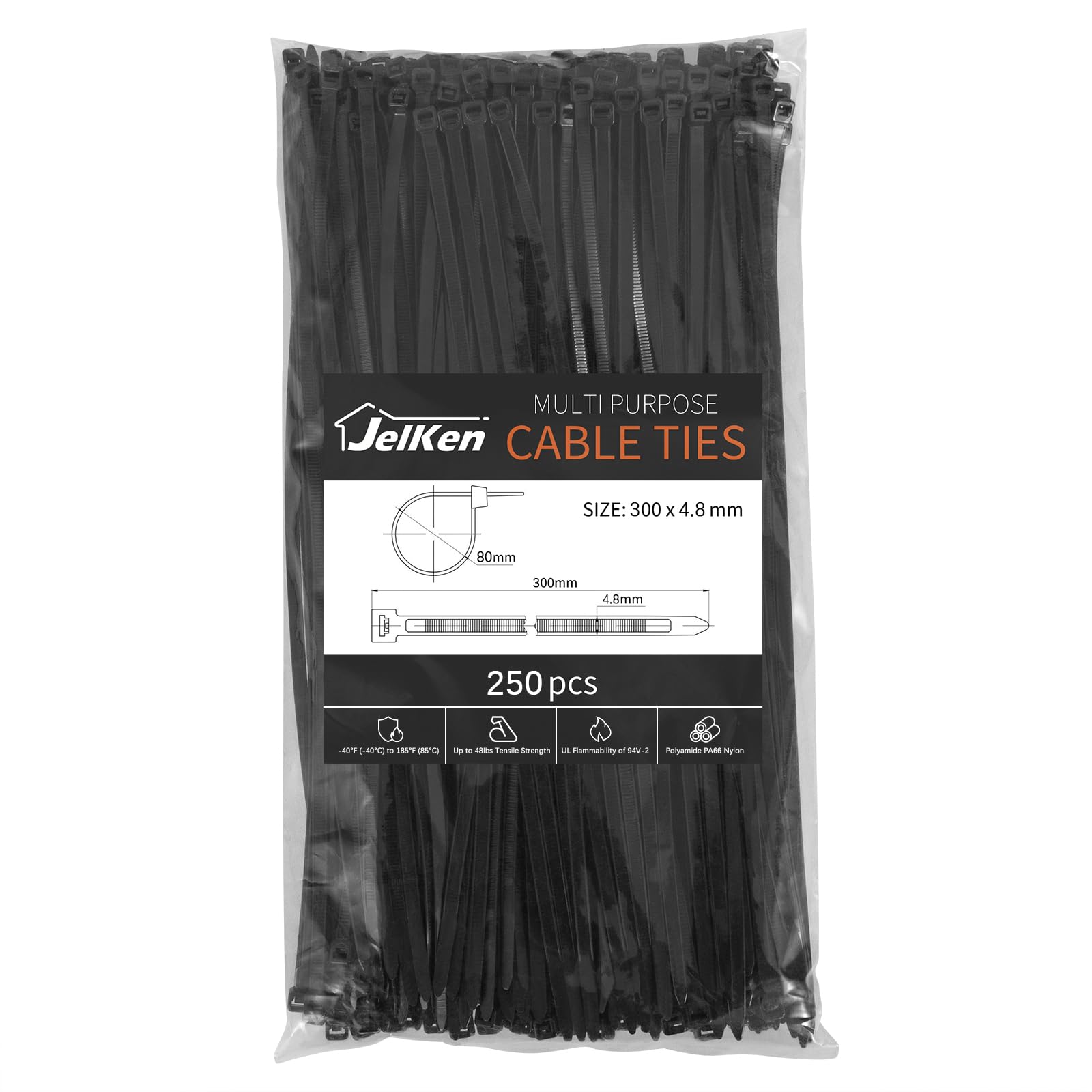 JelKen 250 Pack Black Cable Ties, 300mm x 4.8mm, 12" Nylon Tie Wraps, Self-Locking Heavy Duty Zip Ties for Home Office and Garden