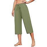 Larmliss Womens Capri Pants Loose Wide Leg Drawstring Elastic Waist Casual Lounge Cropped Pants Light Green