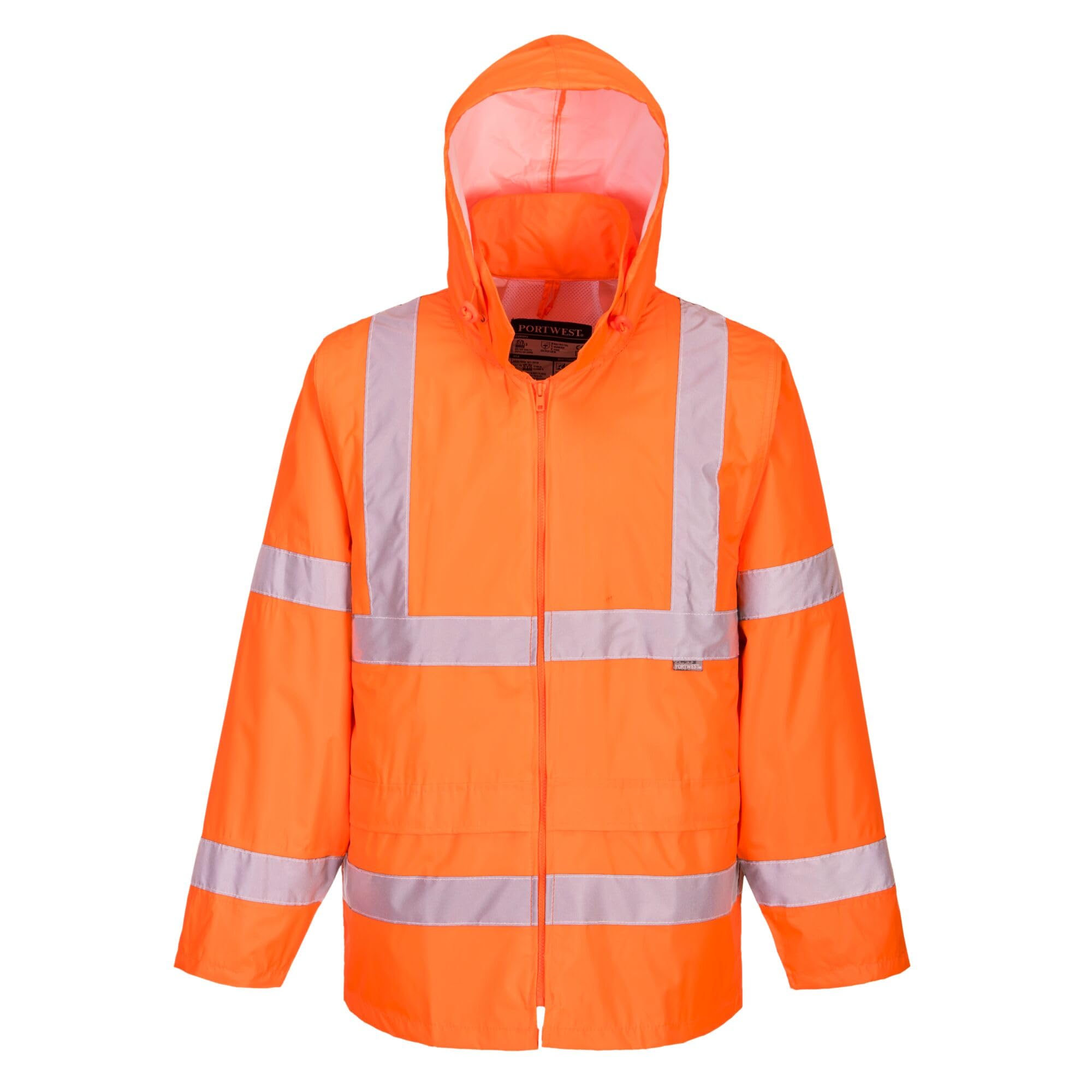 Portwest H440 Men's Waterproof Hi Vis Rain Jacket - Reflective Lightweight Safety Workwear with Pockets and Hood, Orange, 5X-Large