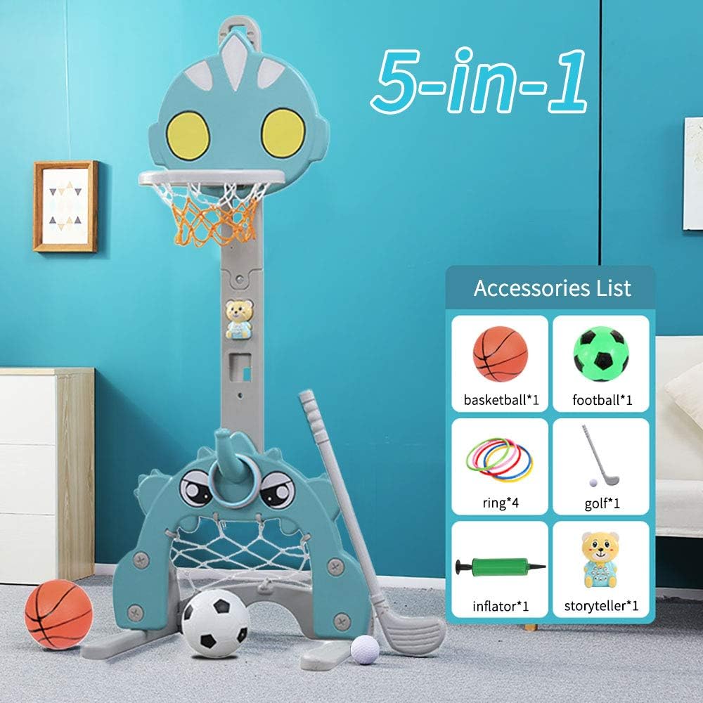 Basketball Hoop Set for Kids, 5 in 1 Sports Activity Center for Indoor & Outdoor Adjustable Basketball Hoop Football/Soccer Goal Golf Game Ring Toss Game Toy for Baby Infants Toddler Aqua: Sports & Outdoors