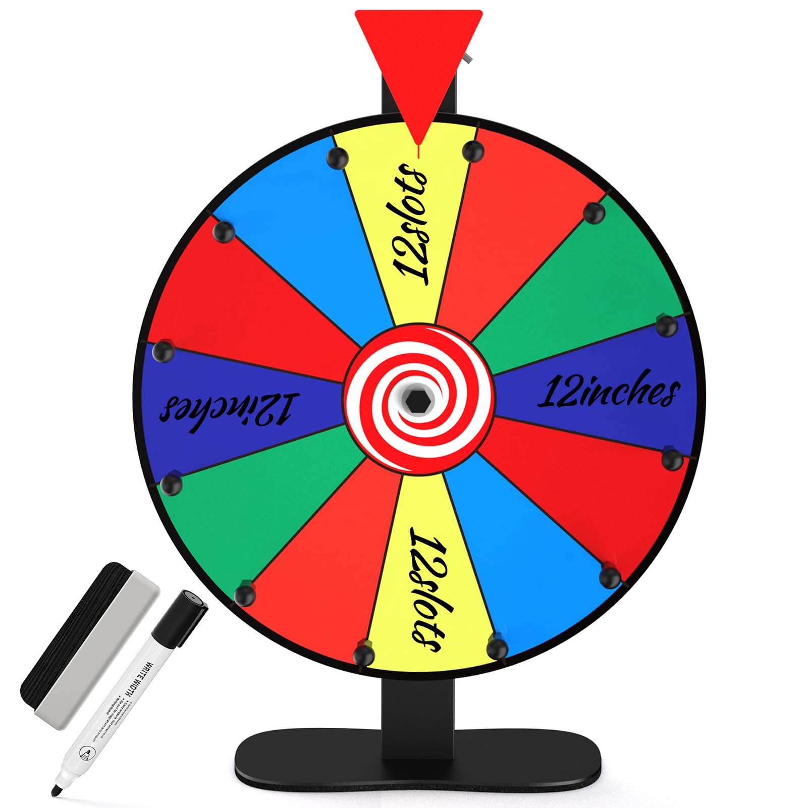 Photo 1 of Retbtnm 12-Inch Color Prize Wheel, 12 Slot Editable Spinning Wheel with Dry Erase Board & Marker for Parties, Carnivals, Tradeshow Booths, Classroom Games?