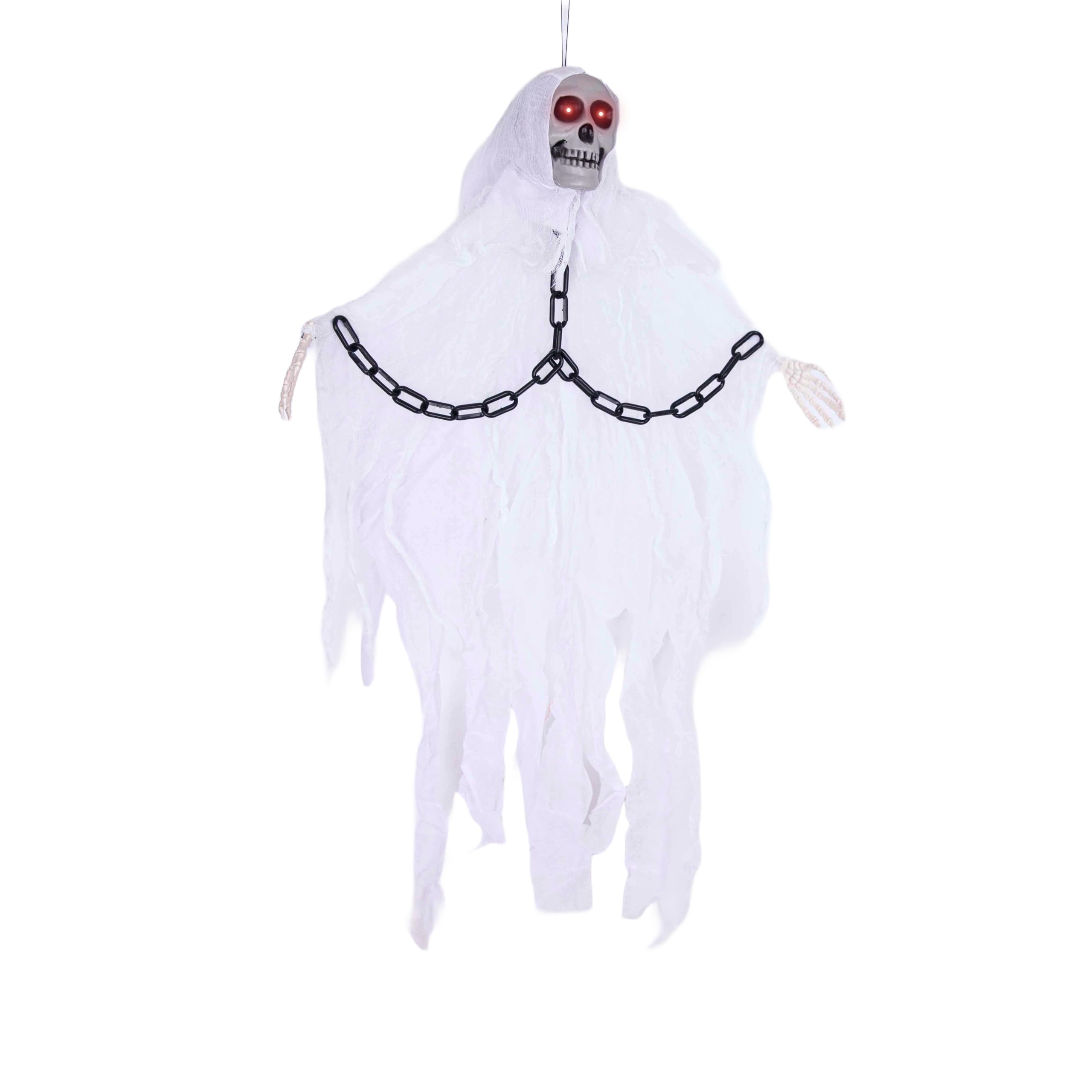 SHATCHI 90cm LED Flashing Eyes Skeleton in Chain Scary Sound Poseable Hands Flying Ghost Skull Halloween Hanging Decoration Grim Reaper Haunted House Prop Spooky