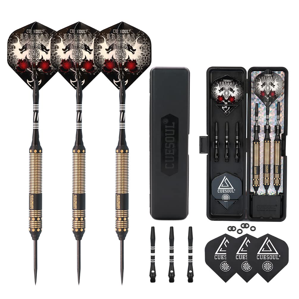 CUESOUL Dragon Series Steel Tip Darts Set 23 Grams Brass Barrels Durable Aluminum Shafts Great Grip Accuracy Good solid Accurate Darts Case Portable (JL-SL-J2108)