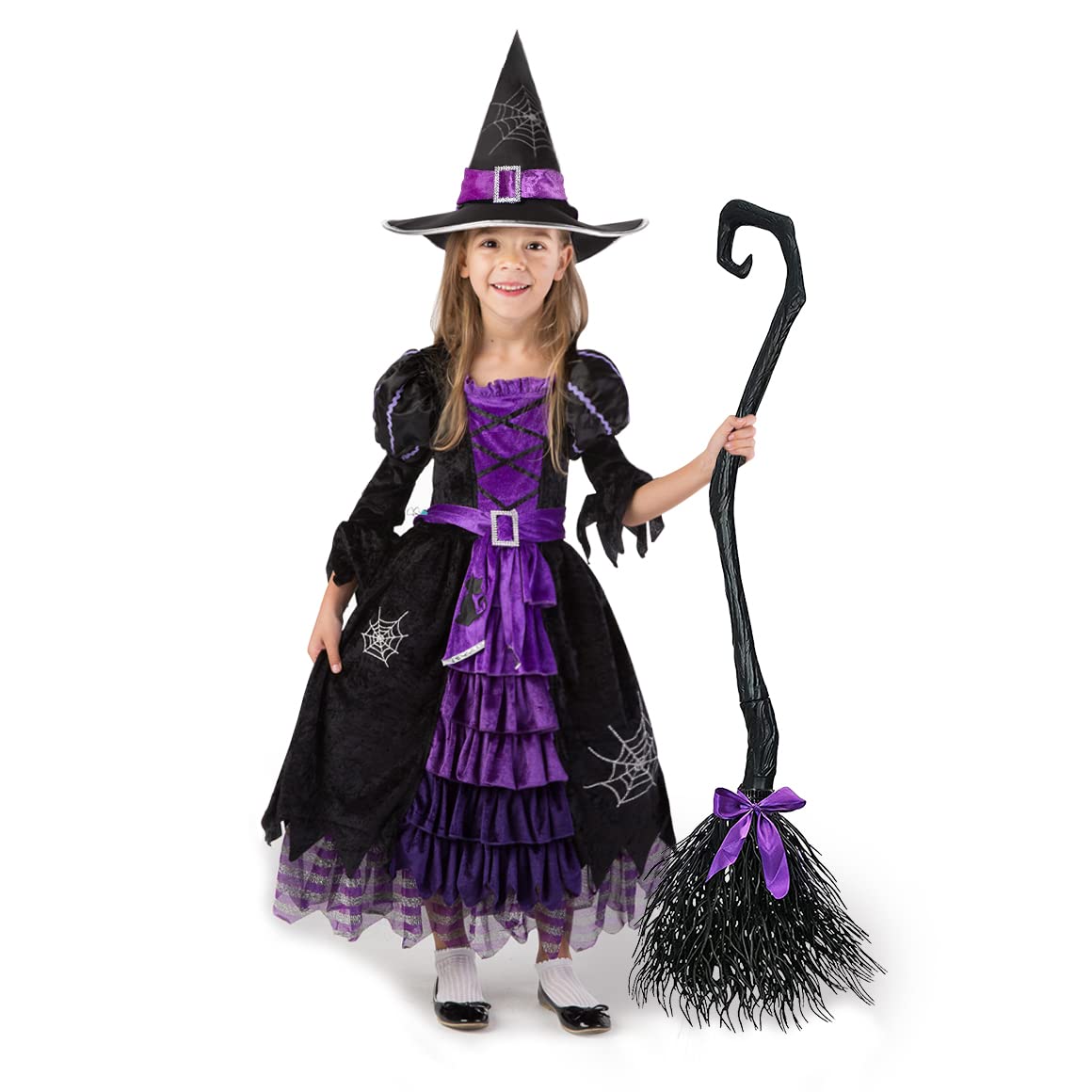 Photo 1 of Spooktacular Creations Halloween Fairytale Witch Dress for Kids, Girls Cute Witch Costume Deluxe Set with Broom for Toddler Halloween Role Play Parties, Purple (S 5-7yrs)