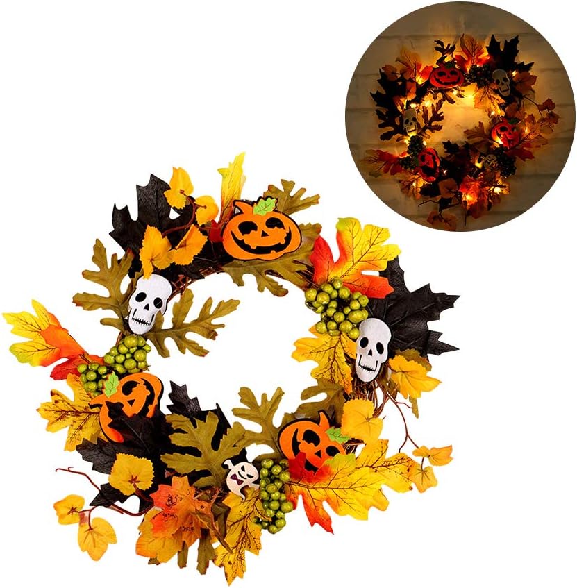 Bankaa Simulated Maple Leaf Wreath with String Light Halloween Door Wall Garland