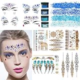 Rhinestone Tattoo Jewel Temporary Stickers - 4 Sets Mermaid Face Gems Rhinestone Sticker, 5 Sets Metallic Henna Tattoos, Glitter Primer, 4 Sets Chunky Glitter Blue for Music Festival/Party/Beach