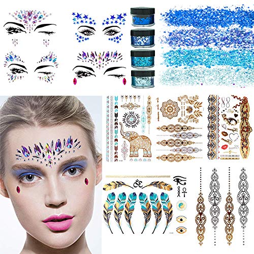 Rhinestone Tattoo Jewel Temporary Stickers - 4 Sets Mermaid Face Gems Rhinestone Sticker, 5 Sets Metallic Henna Tattoos, Glitter Primer, 4 Sets Chunky Glitter Blue for Music Festival/Party/Beach