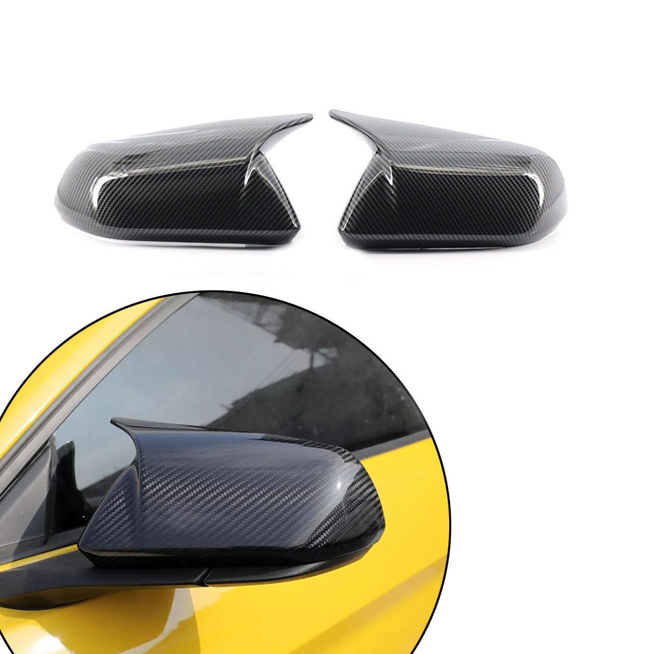 Photo 1 of 1 Pair Rear View Side Mirror Cover Caps Compatible with Ford Mustang 2015-2022 without Turn Signal (Carbon Fiber Look)