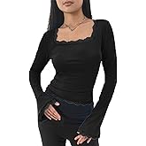 Women Bell Long Sleeve Top Square Neck Lace Trim Slim Fit Crop Blouse Y2k Solid Tunic Tee Shirt