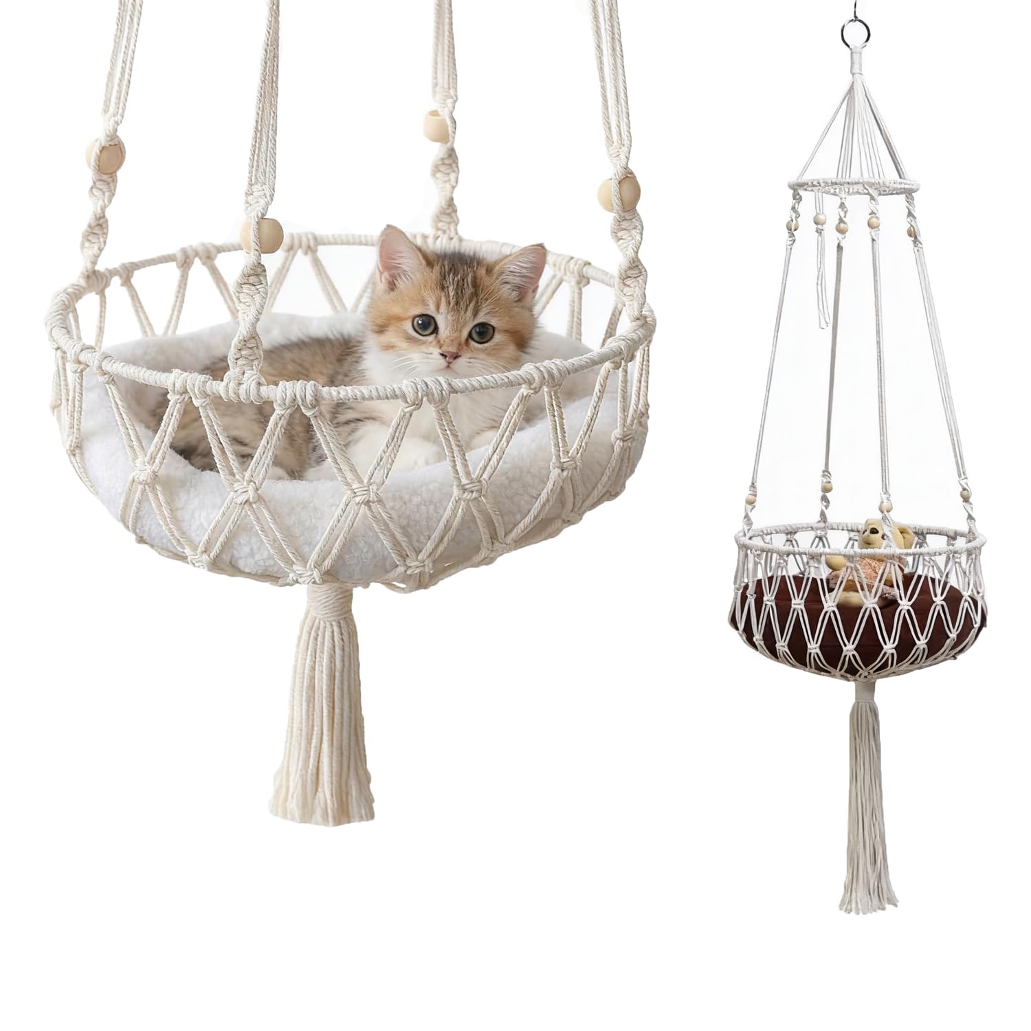 ITODA Macrame Hanging Cat Hammock Indoor Cotton Rope Tassel Cat Basket Bed Round Cats Swing Bed Nest for Sleeping, Playing, Climbing, and Lounging（Not Included Cushion）