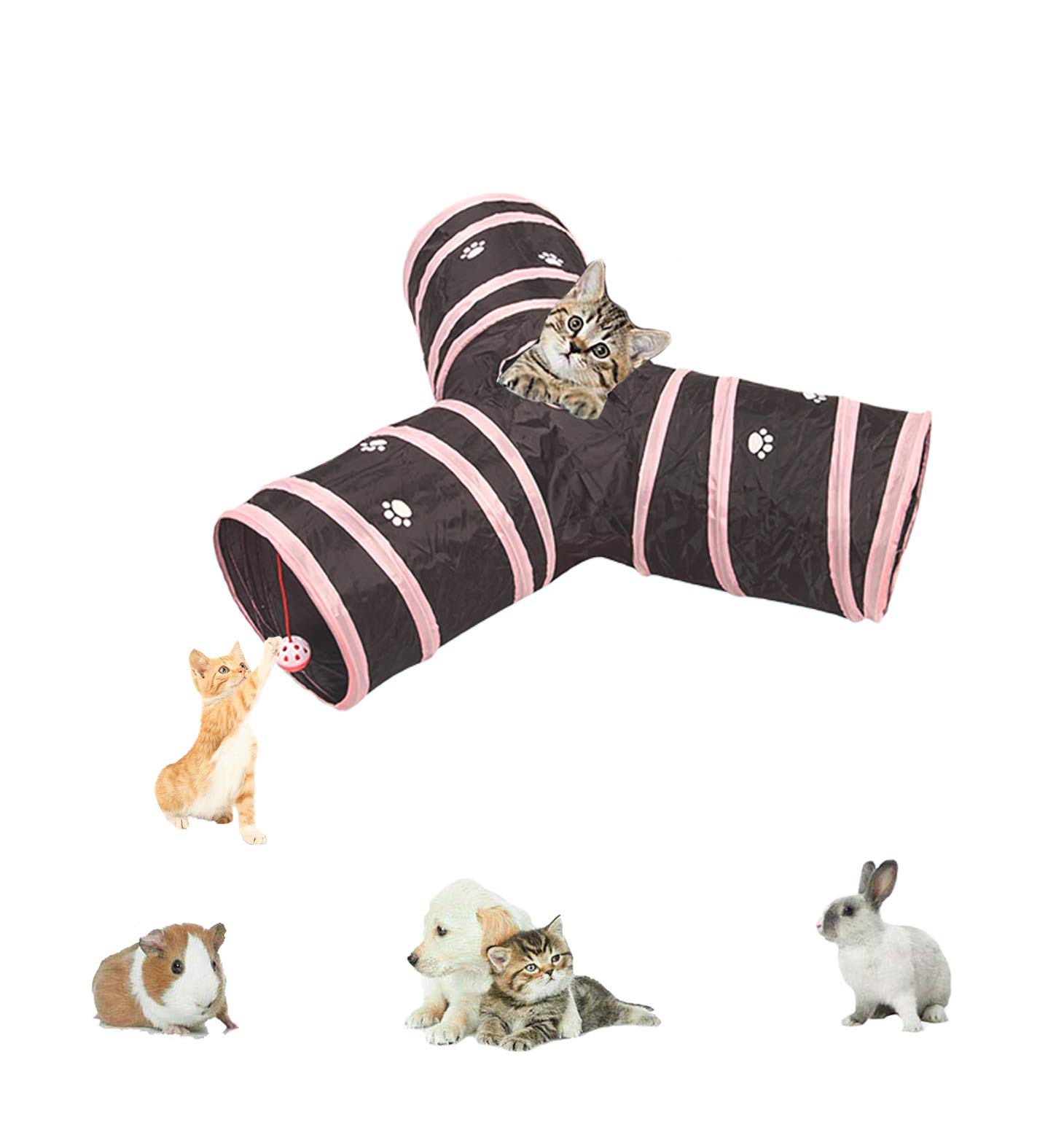 U life Lightweight Collapsible 3-Way Pet Cat Tunnel with Funny Bell, Interactive Maze House Toy for Cat,Small Rabbits,Kittens,Puppy, Ferrets, Guinea Pig (3 way, Pink)