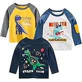 SUPFANS Toddler Boys Long Sleeve Shirts Cotton T-Rex Dinosaur T-Shirts Multipacks