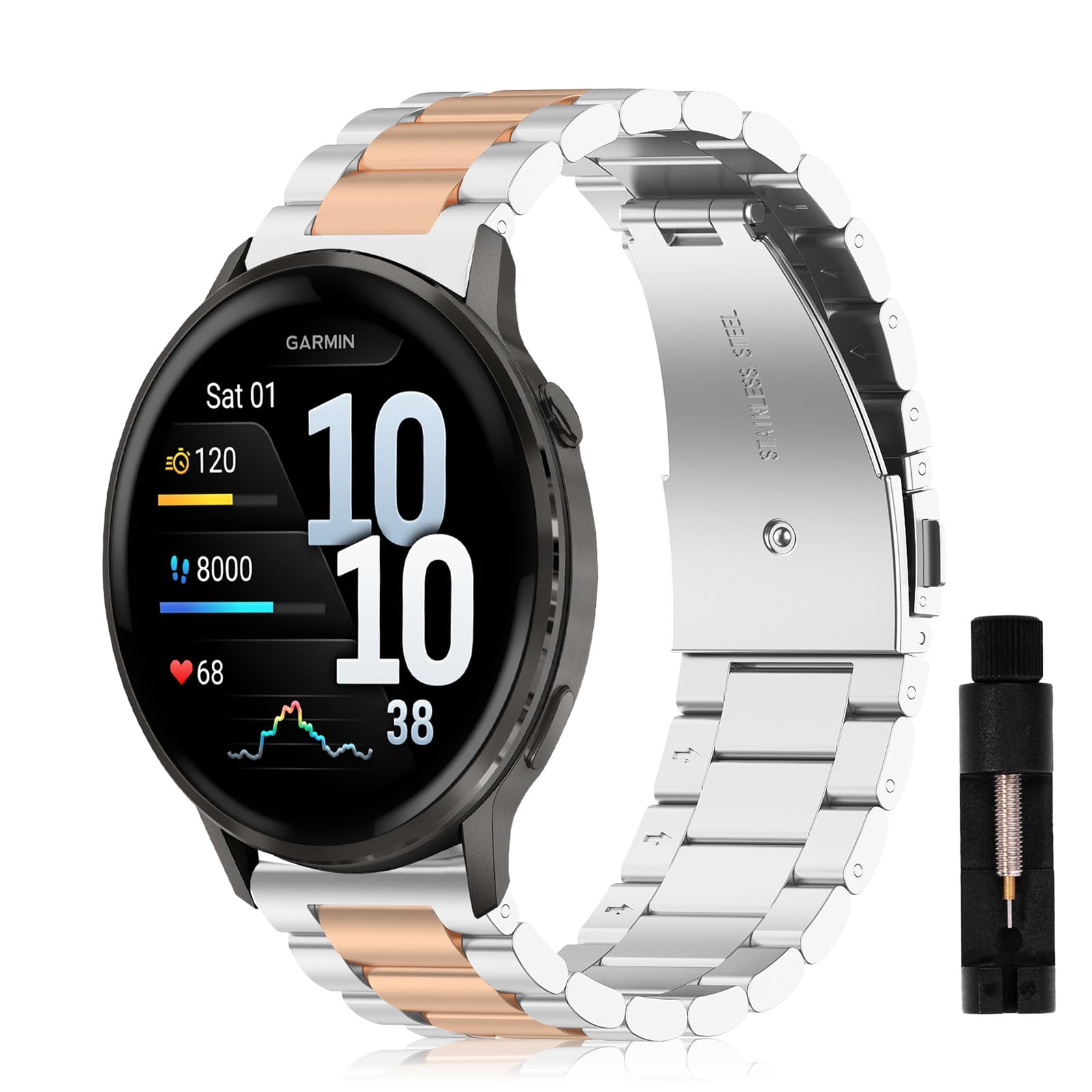 SumRioo 22mm Strap for Garmin Venu 4 3 2 45mm/Forerunner 265/255/255 Music/Vivoactive 4, Metal Stainless Steel Band for Huawei Watch GT 6 6Pro/5 5Pro/4/3/2/1(46mm), Silver/Rose Gold