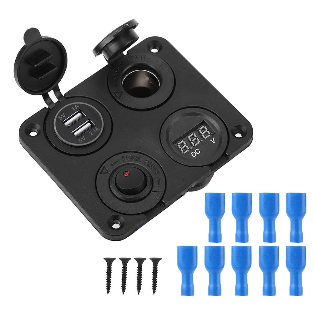 Toggle Switch Panel,Fydun 12V Dual USB Power Socket ABS Cigarette Lighter Voltmeter LED Toggle Switch Four-hole panel for Car Boat Trucks(Red)