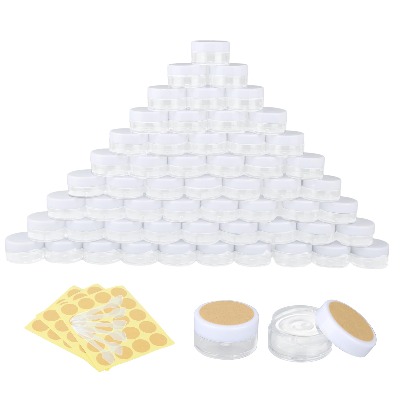 RVLZKCPG Pack of 60 Containers, 5 ml Cream Jars for Filling, Transparent Jars, Empty Cream Jars with Screw Cap, Small Tins with Lids, Plastic with Spatulas, Stickers for Creams Lotion Lip Balm
