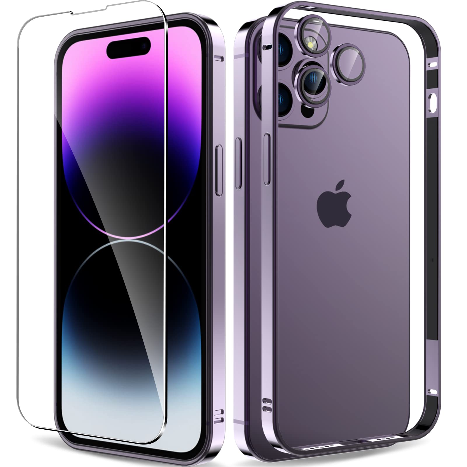 Photo 1 of sorlnern for iPhone 14 Pro Case with Aluminum Metal Bumper Frame Slim Hard Cover and Soft Inner Bumper, Tempered Glass Screen Protector and Camera Lens Protector (Purple)