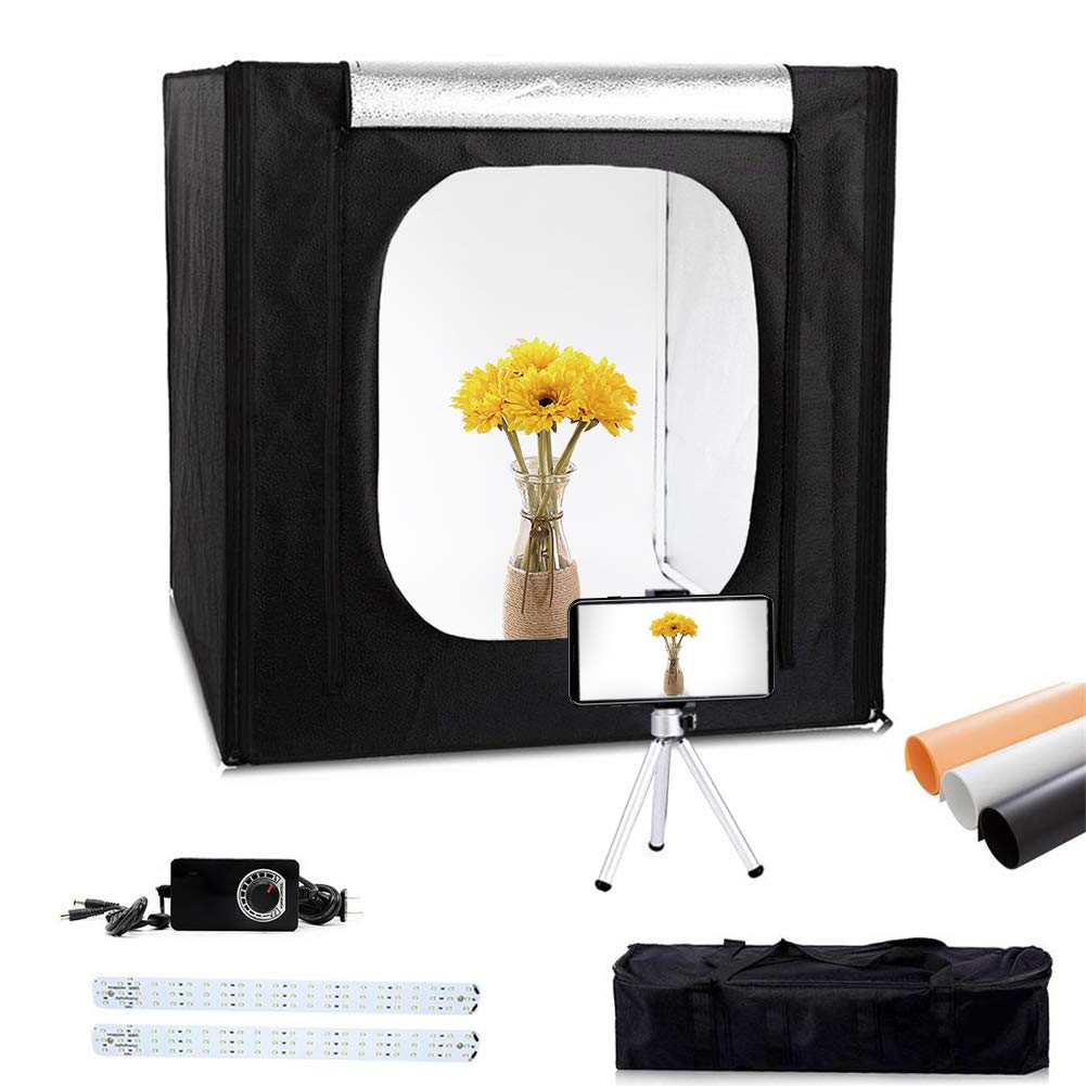 Konseen Photo Studio 20x20 inch /50x50 cm Photography Light Box 132pcs LED Lights Dimmable Shooting Tent Cube Kit with 3 PVC Backdrops,Camera Mini Tripod and Carrying Bag,UK Plug