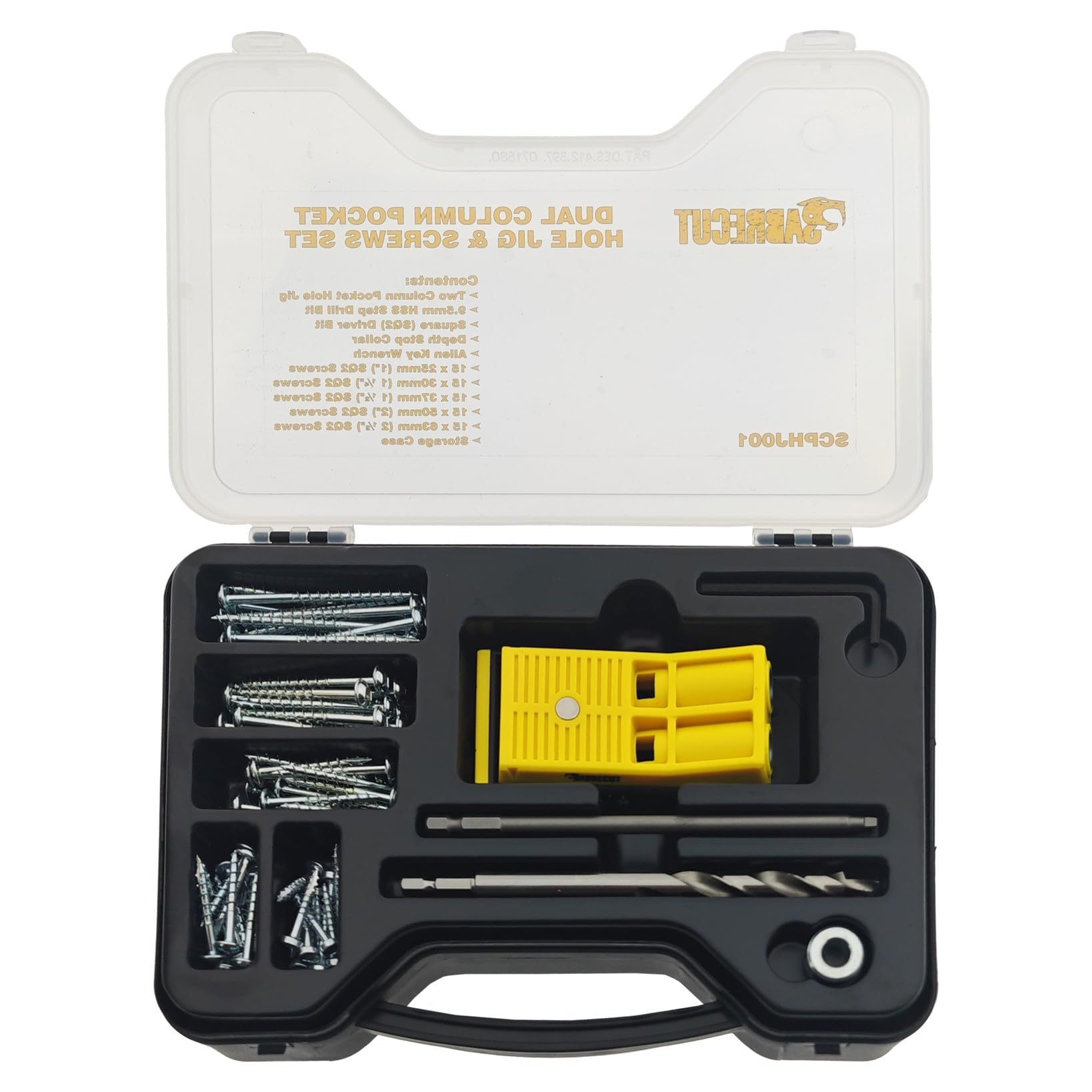 81 x SabreCut SCPHJ001 Dual Twin Column Complete Pocket Hole Jig Set with HSS Step Drill Bit Depth Stop Collar Square Driver Bit Allen Key Screws and Storage Case Perfect for Woodworking Projects