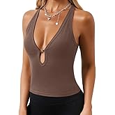 Ardrem Women Ribbed Halter Tops Racerback Plunge Neck Tank Tops Fitted Low Cut Tops Spaghetti Strap Camisole Shirt Top