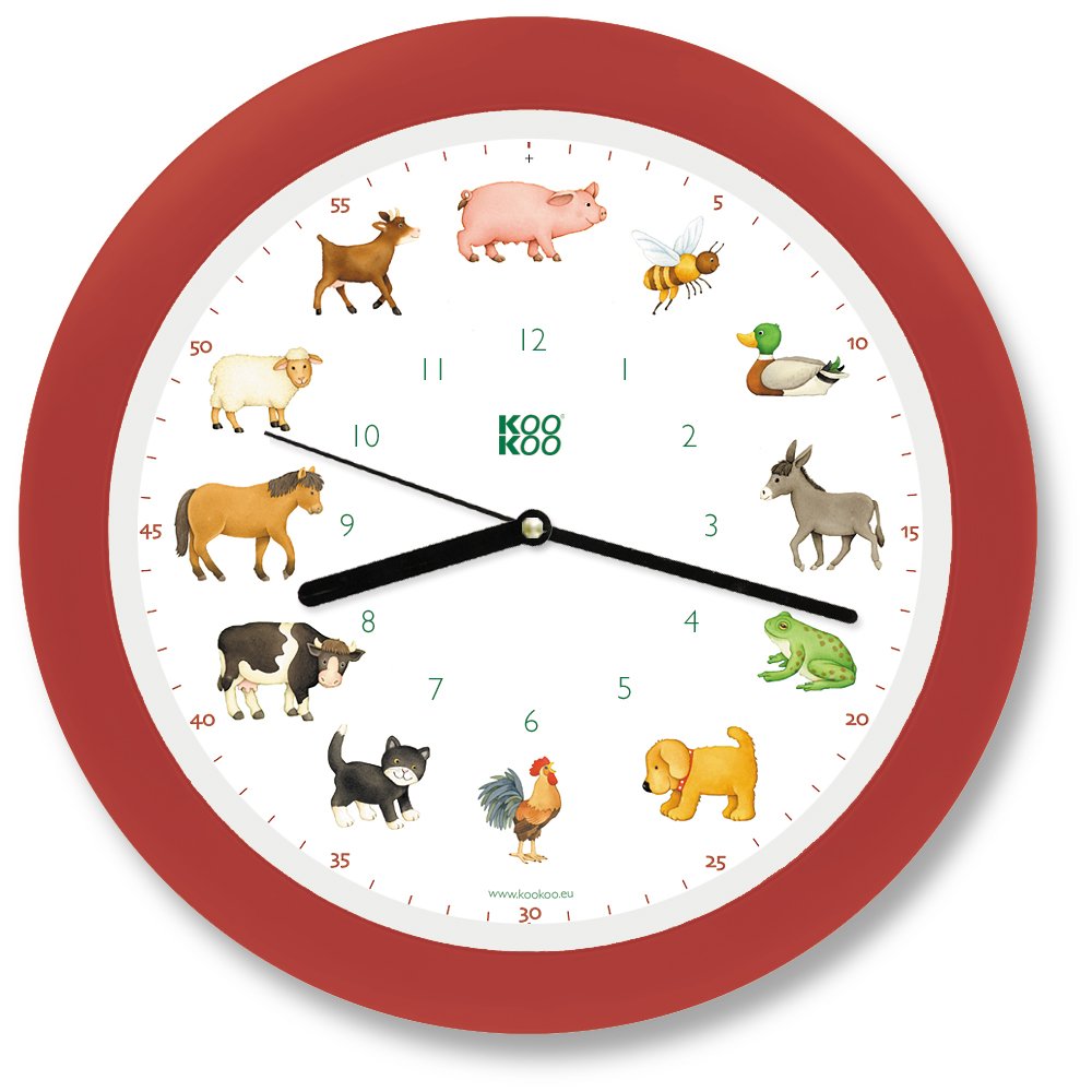KOOKOO KidsWorld Strawberry-Red, genuine wall clock with natural sounds, 12 farm animals